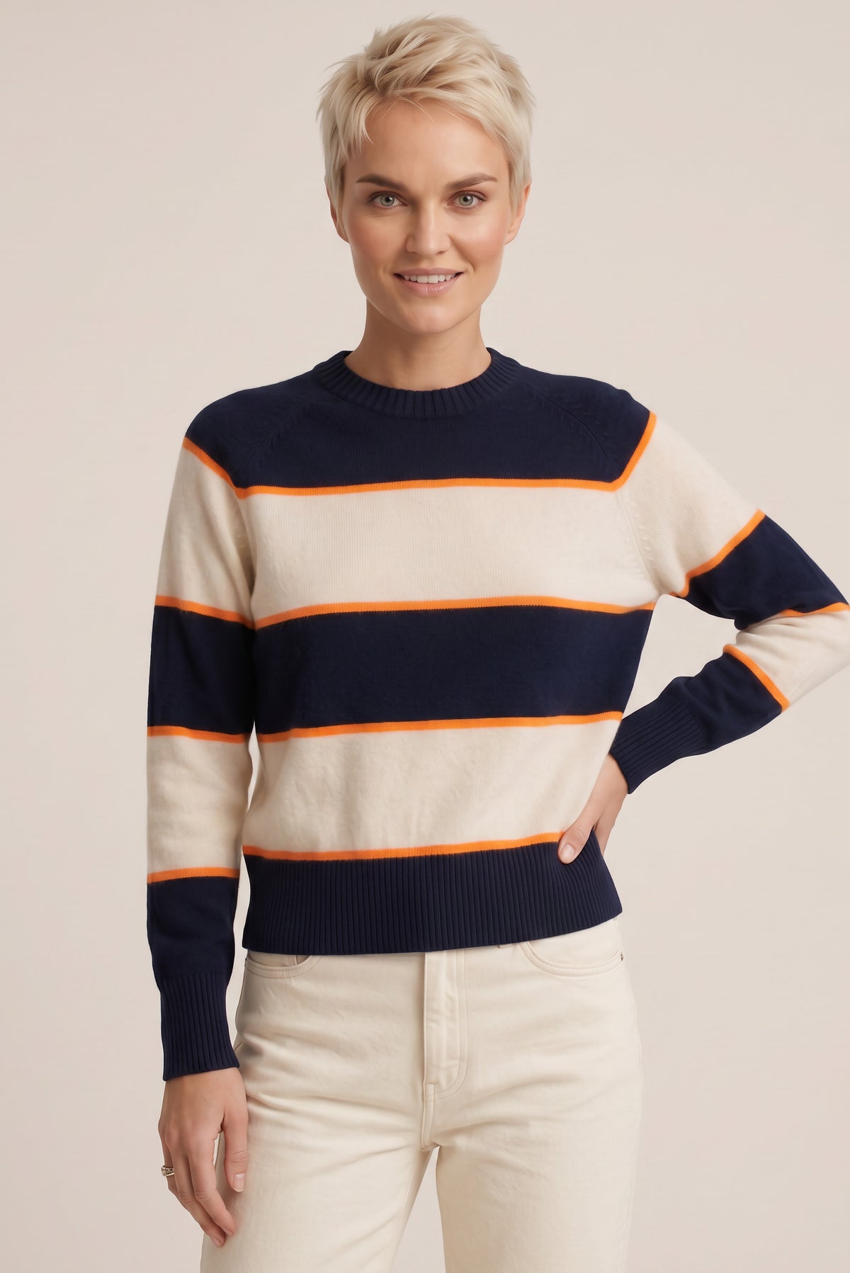 Zoe Striped Cashmere Crew - Navy