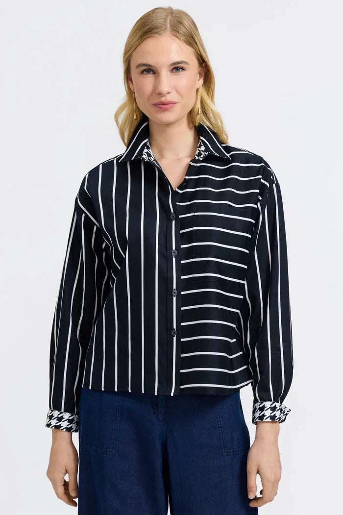 Marina Stripe & Houndstooth Long Sleeve Short Shirt