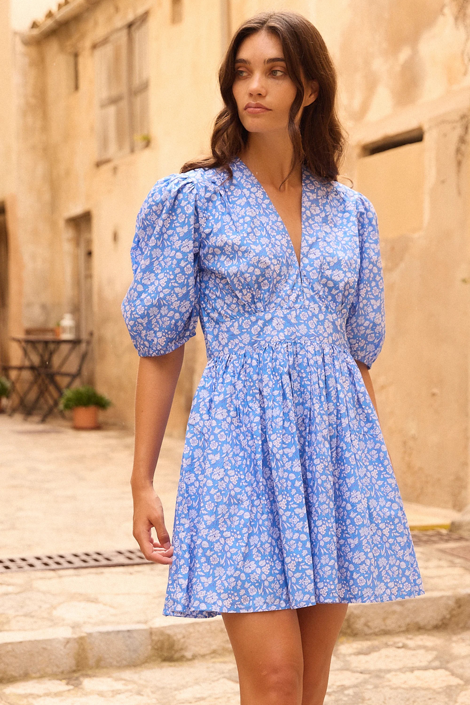 V-Neck Puff Mini - Ditsy Blue