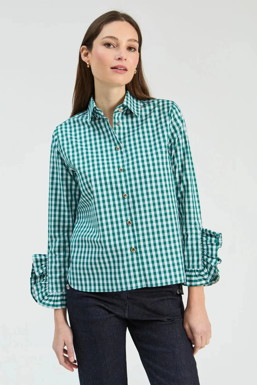 Green Gingham Shirt with Ruffles