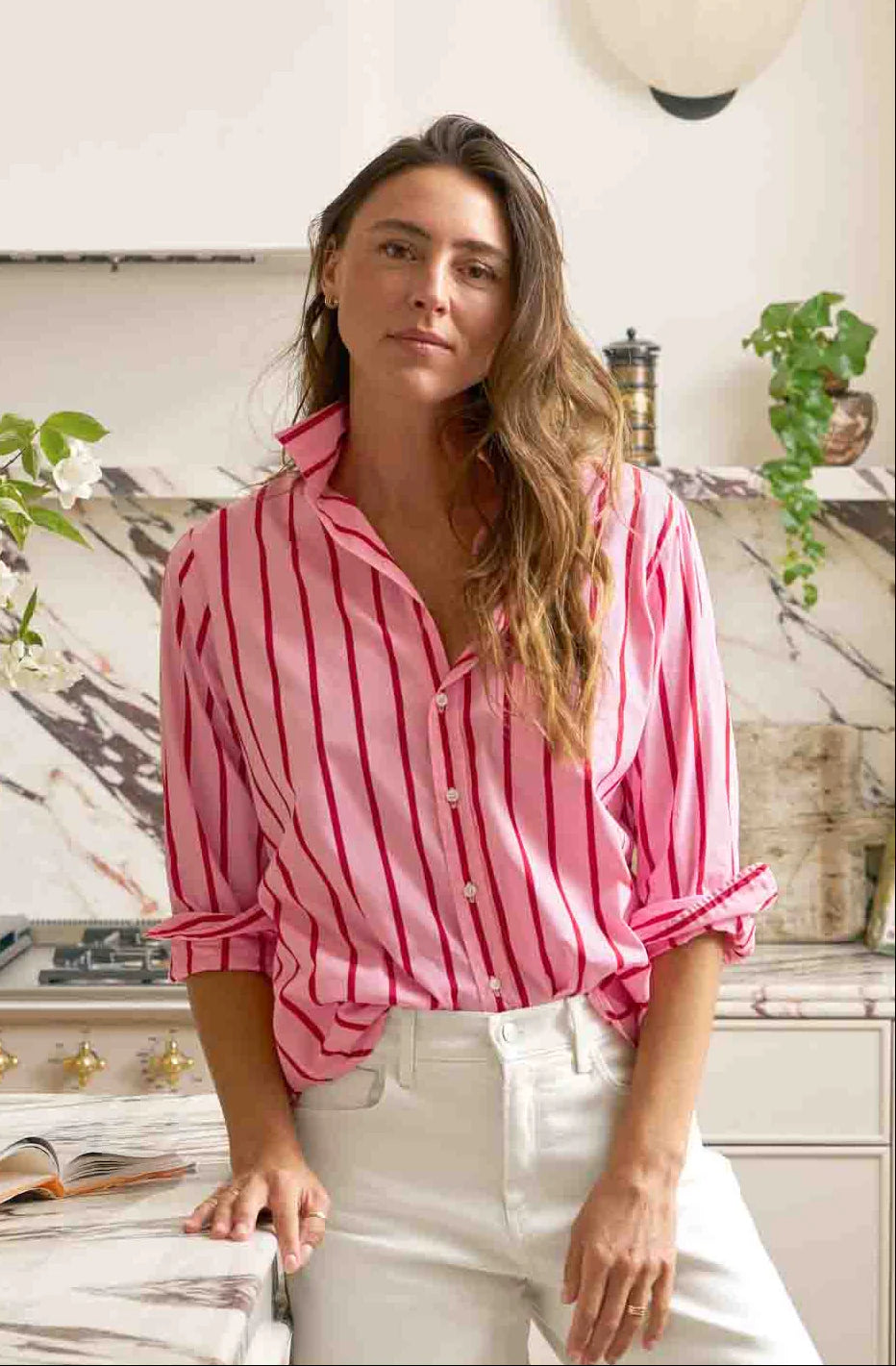 SILVIO Untuckable Button-Up Shirt-STPR-Pink/Red Stripe