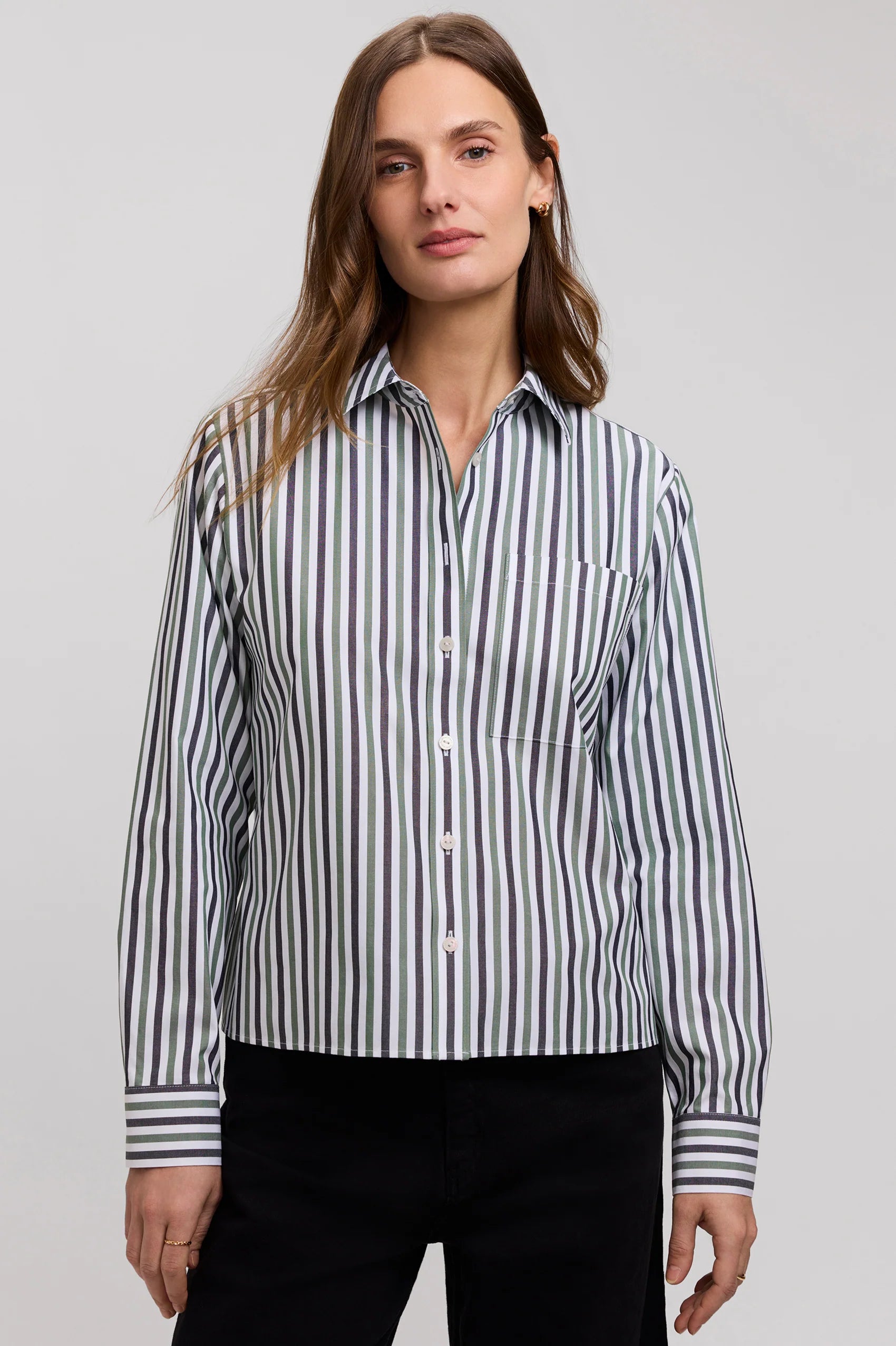 Jodie Pinpoint Stripe Long Sleeve Shirt - Olive Multi