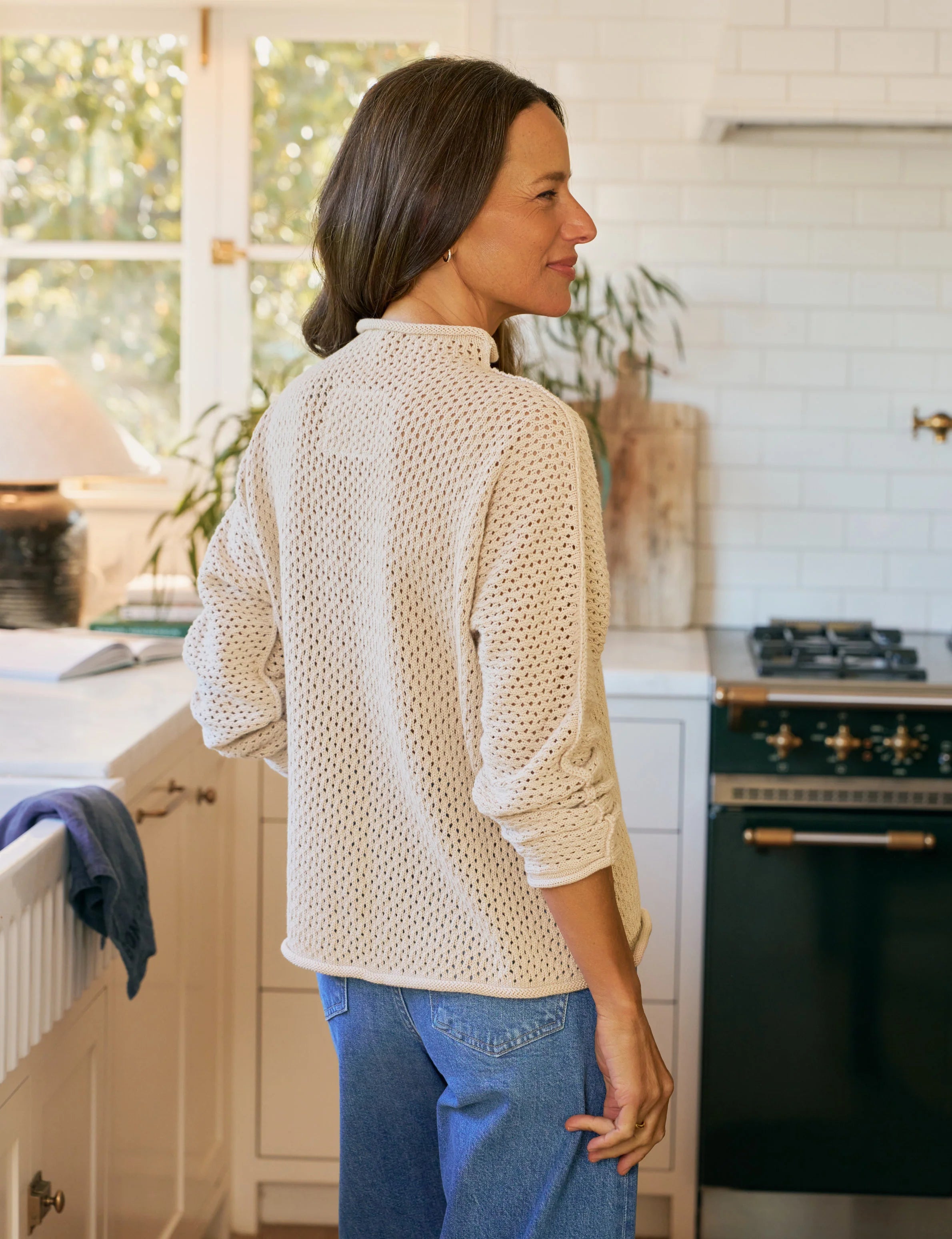 MONTEREY POINTELLE Rolled Funnel Neck Sweater-Sand