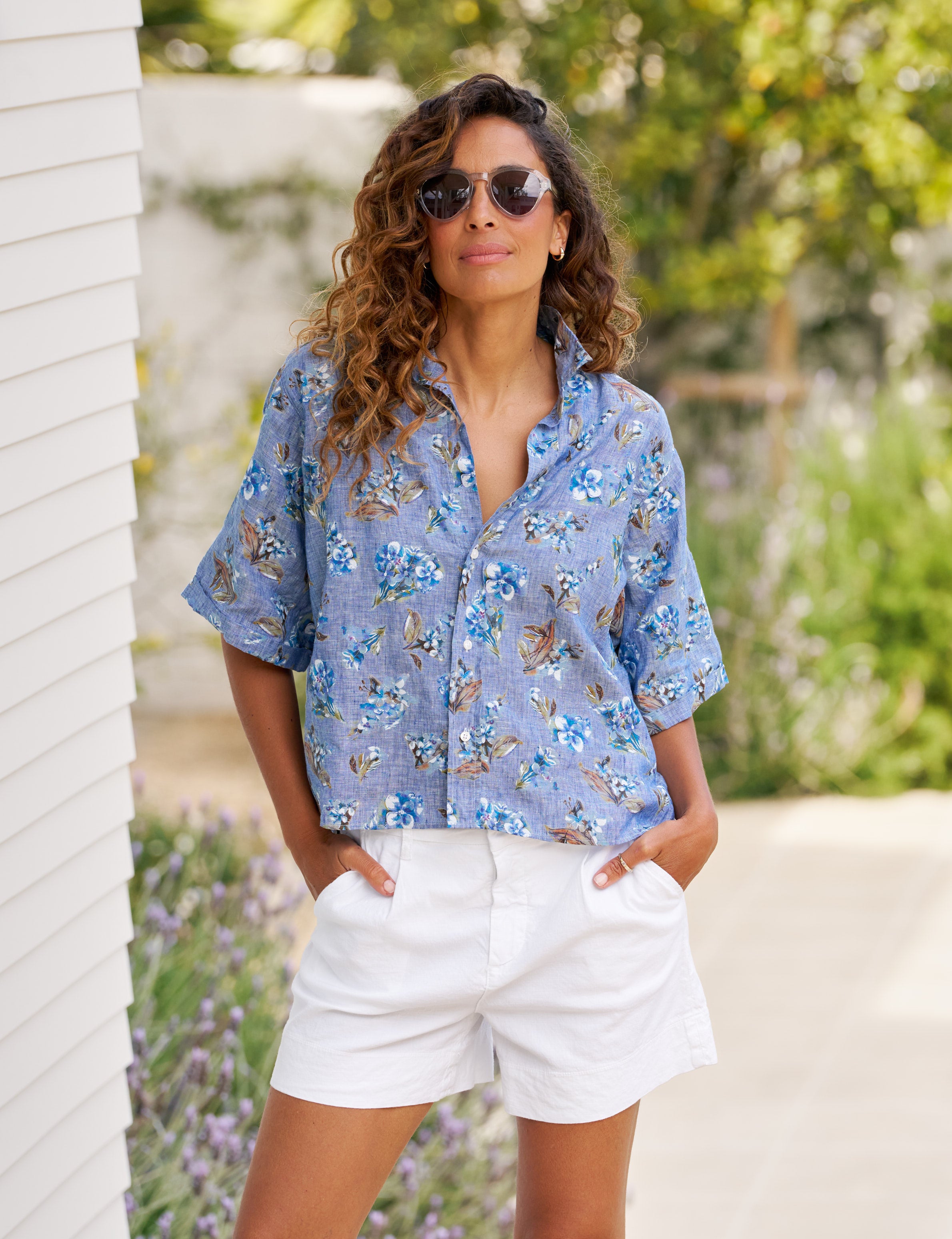 Rosie Short Sleeve Button Up - Blue Floral Bird