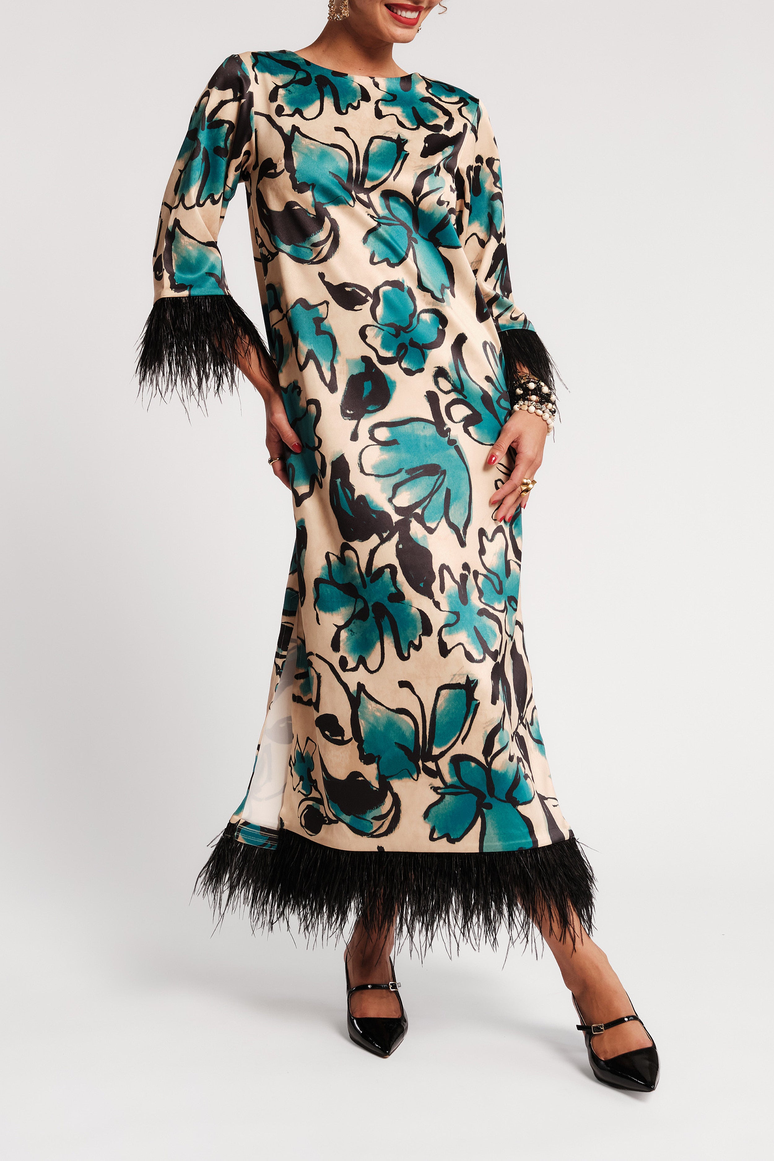 Belle Maxi Dress w/Feathers - Abstract Meadow Teal/Camel