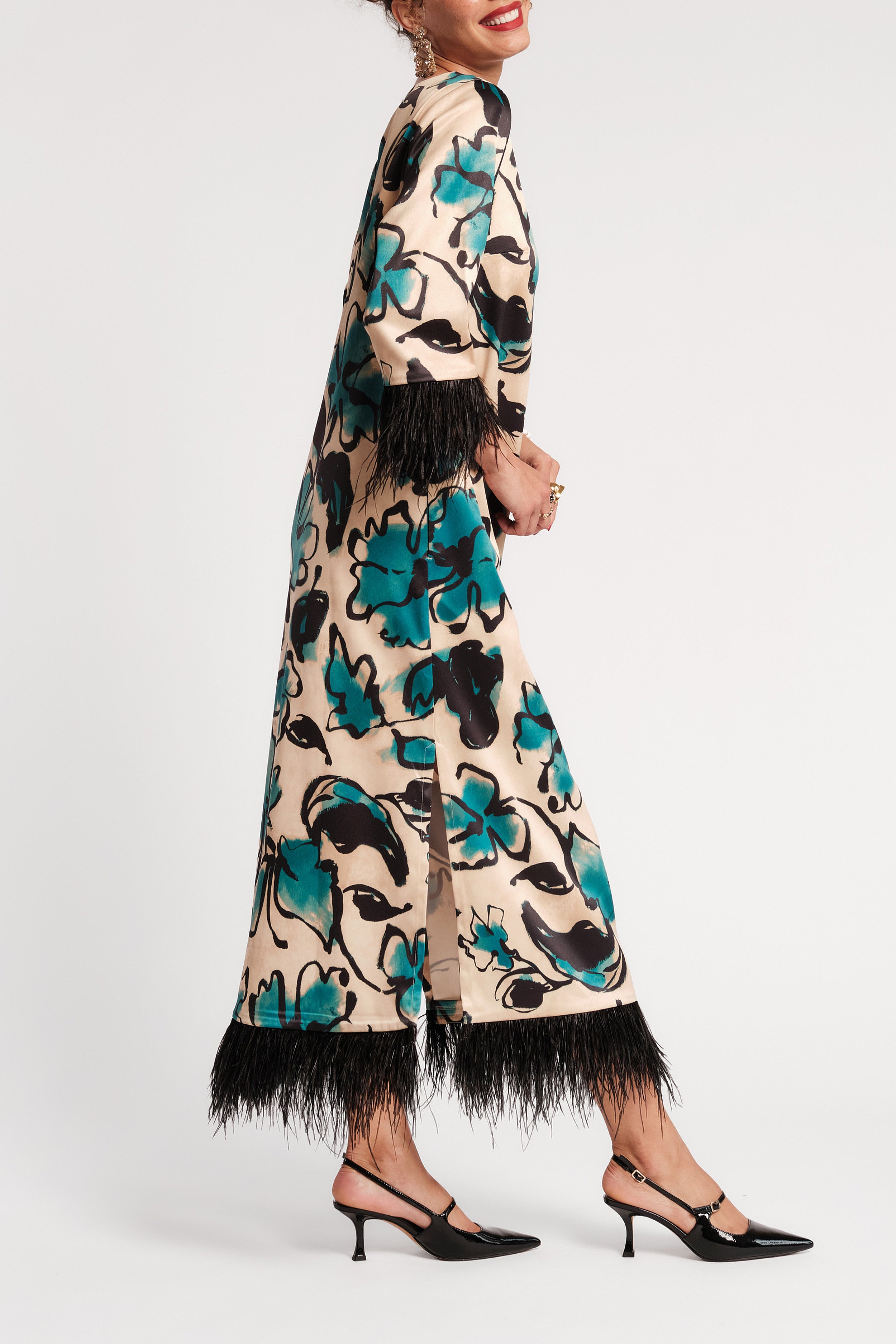 Belle Maxi Dress w/Feathers - Abstract Meadow Teal/Camel