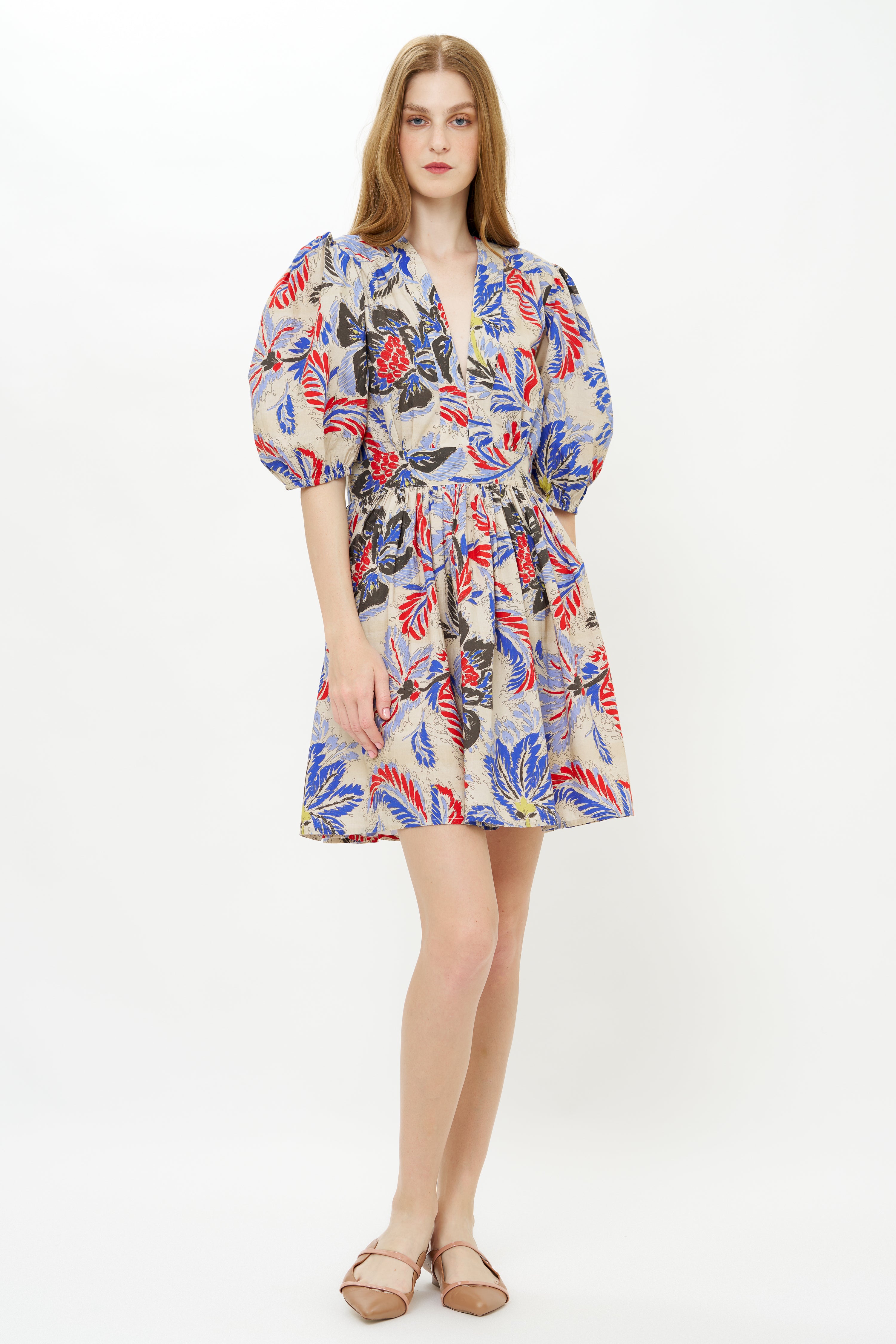 V-Neck Puff Mini Dress - Chennai Cobalt