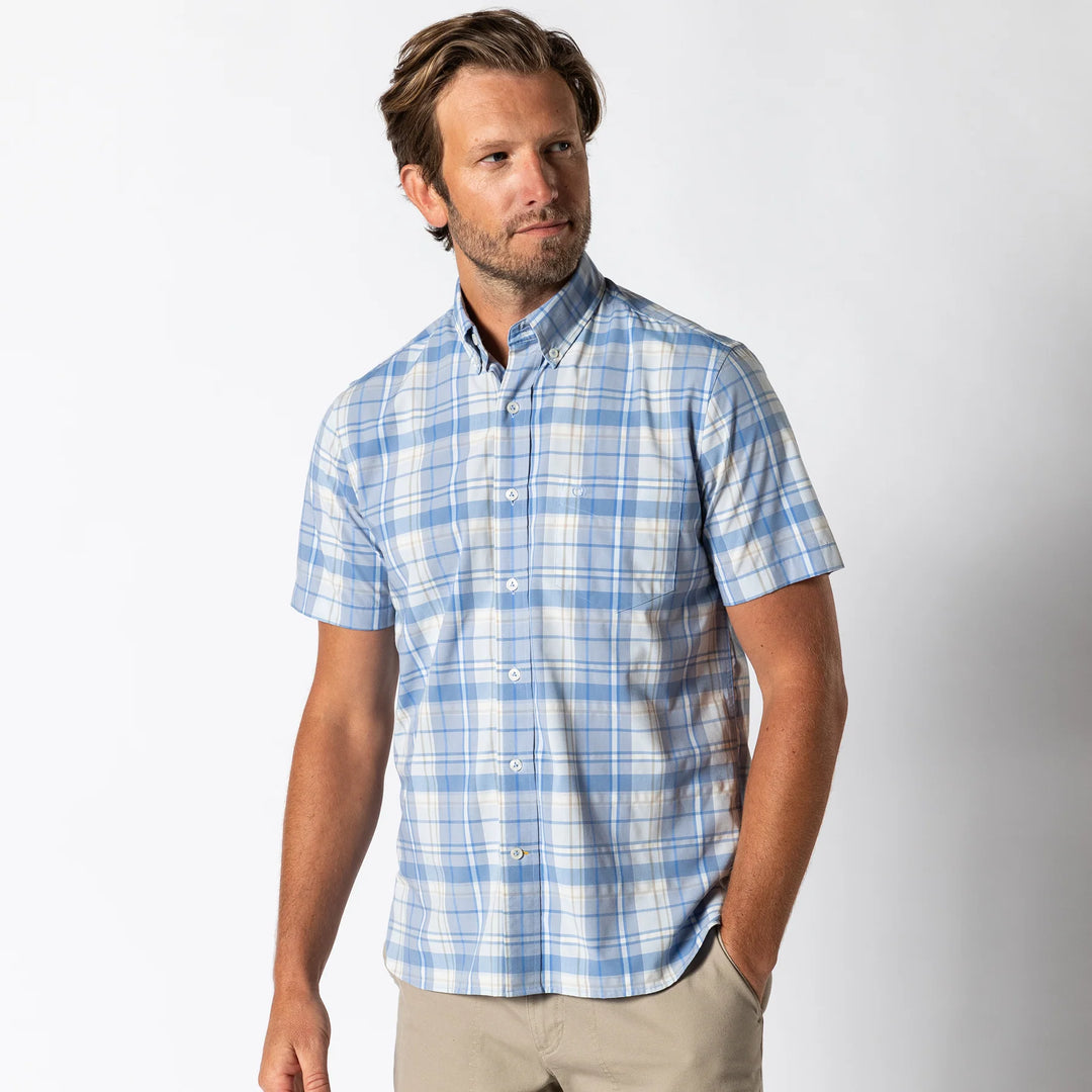Perf. Poplin S/S Shirt Marina Plaid-LIGHT BLUE