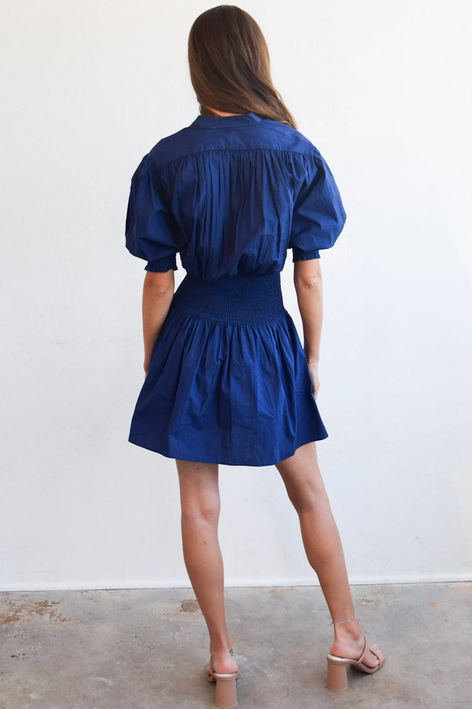 Smocked Waist Mini Dress in BluePrint Poplin