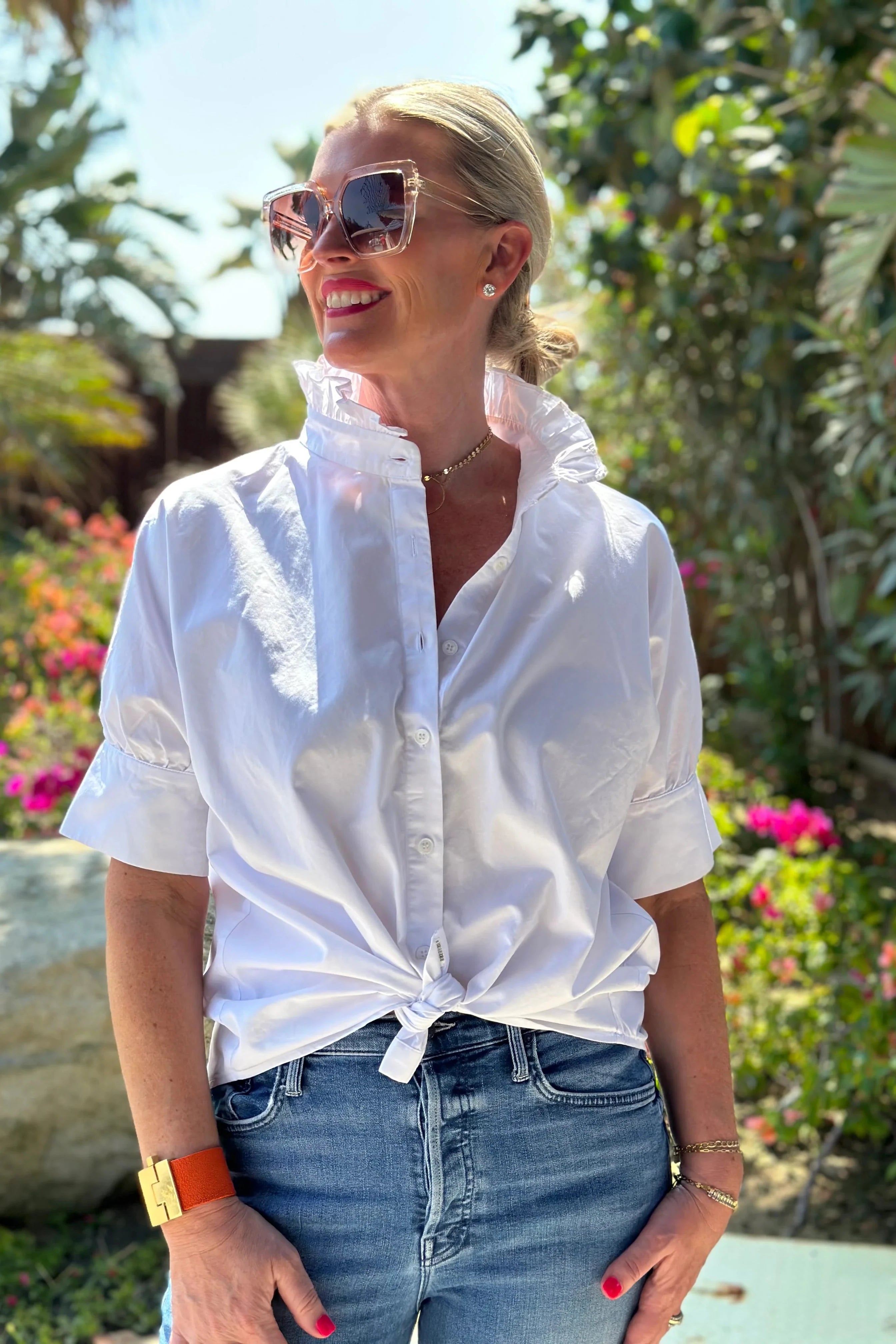 Short Sleeve Ruffle Shirt - White