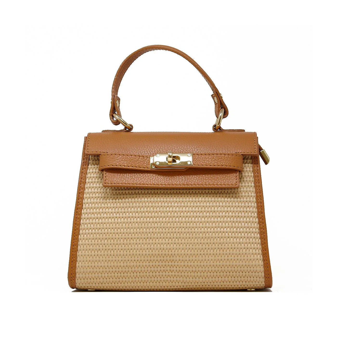 Raffia & Leather Top Handle Crossbody - Camel