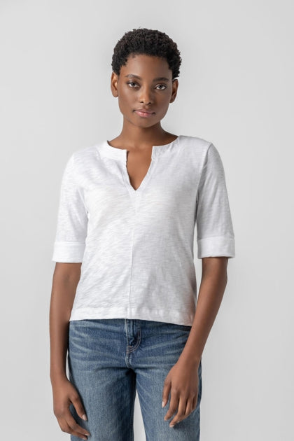 Cuffed Sleeve Split Neck - White
