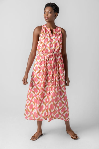 Split Neck Belted Maxi Dress-PUIP