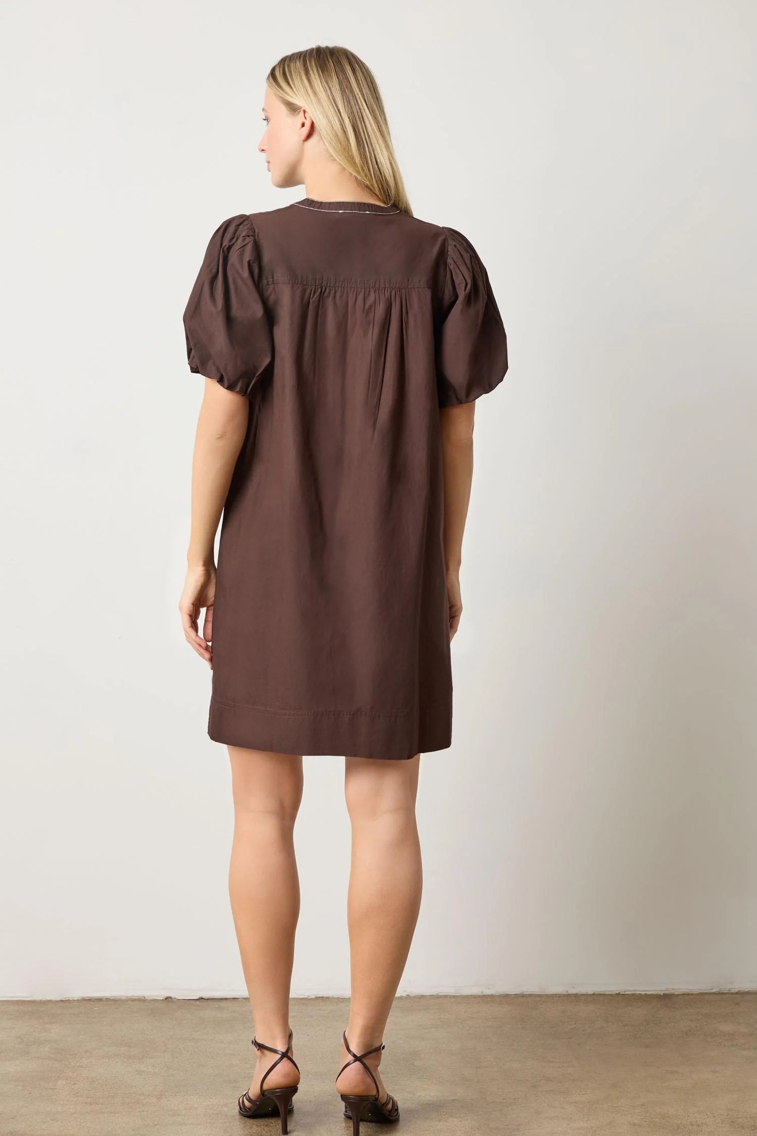 Shirred Sleeve Split Neck Dress - Espresso