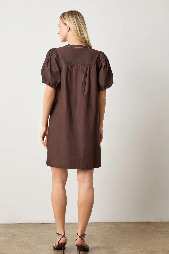 Shirred Sleeve Split Neck Dress - Espresso