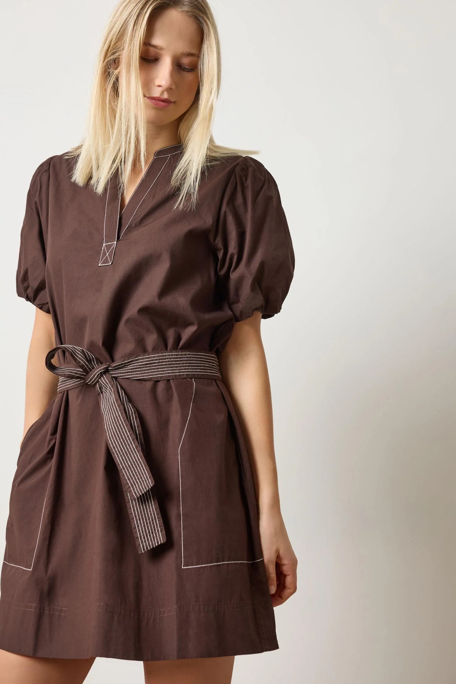 Shirred Sleeve Split Neck Dress - Espresso