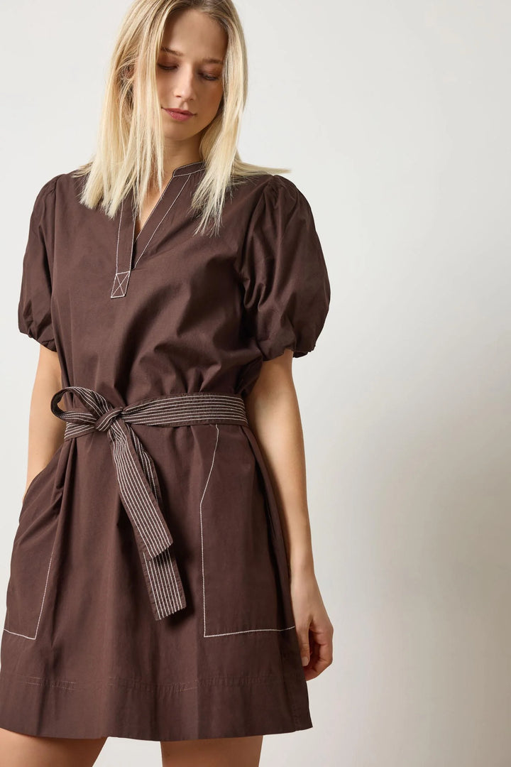 Shirred Sleeve Split Neck Dress - Espresso