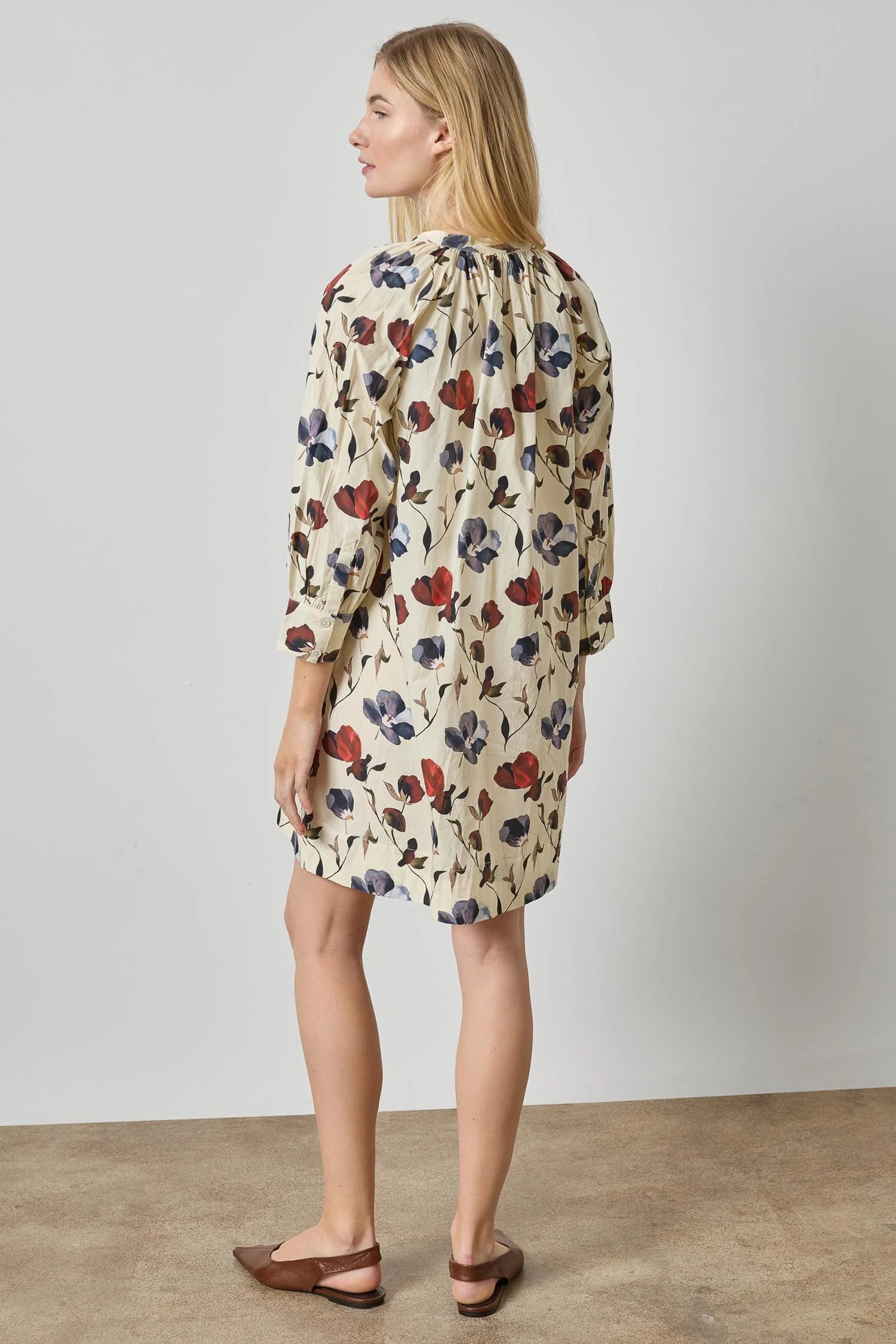 Shirred Neck Placket Dress - Blue Poppy