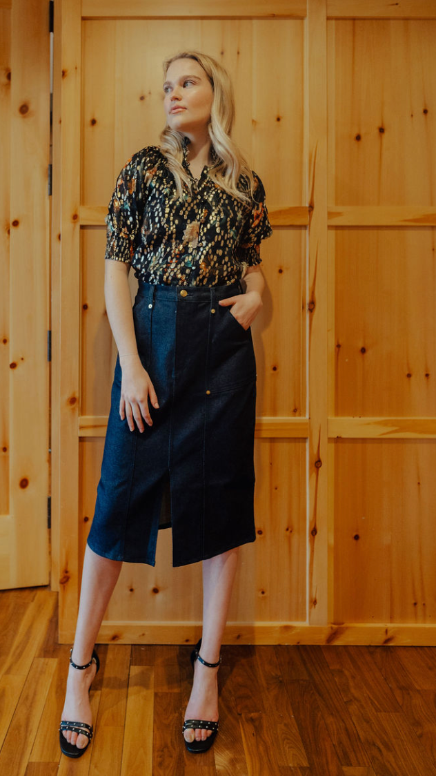 Gathered Button Down Top Dark Floral