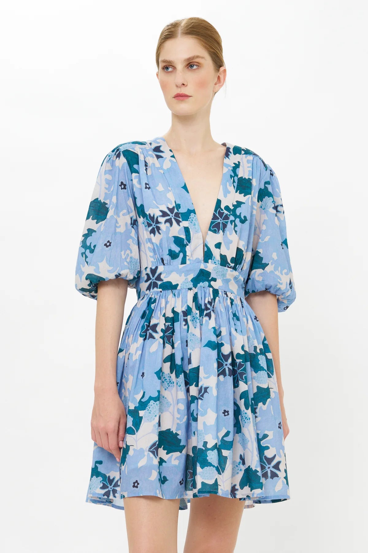 V-Neck Puff Mini Dress - Suzani Blue