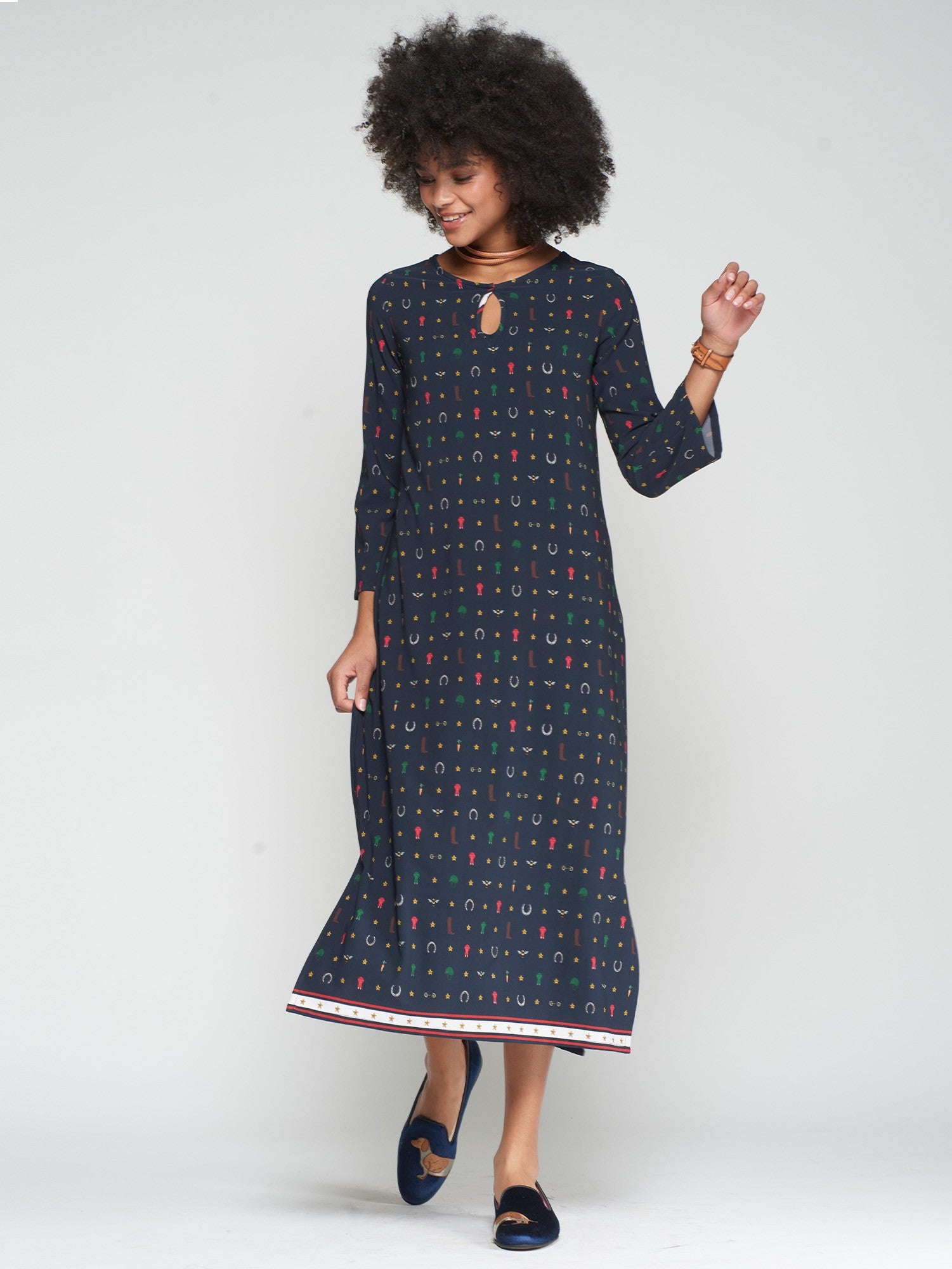 NAVY DRESS-EQUESTRIAN PRINT