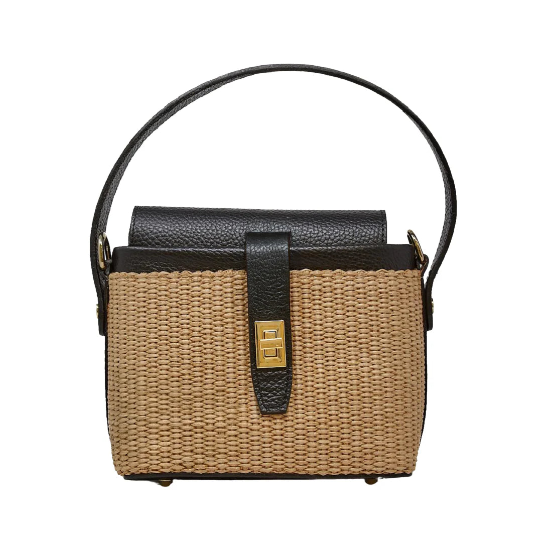 Leather & Rattan Top Handle Crossbody - Black