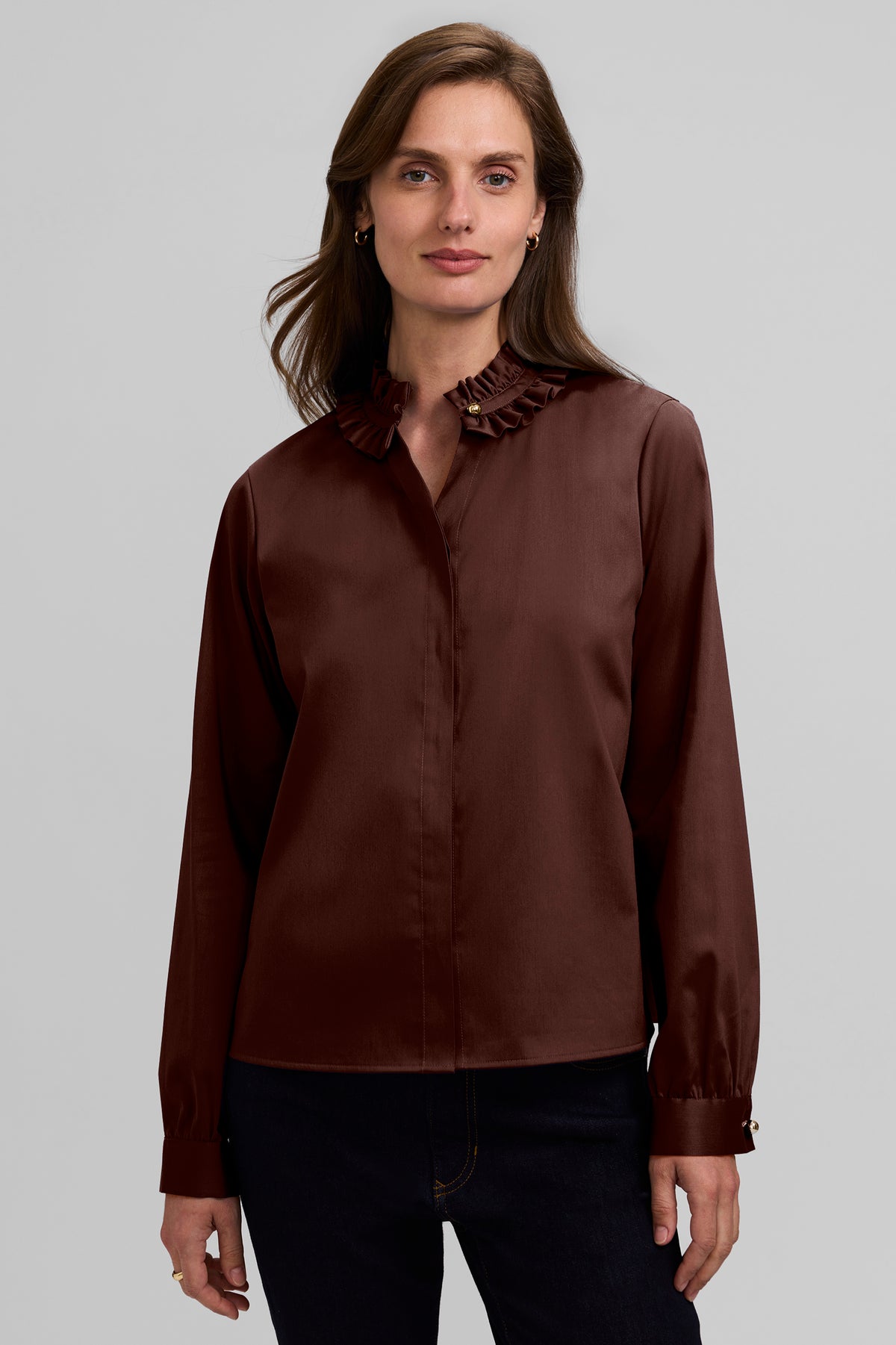 Colette Longsleeve Ruffle Shirt - Chocolate Matte