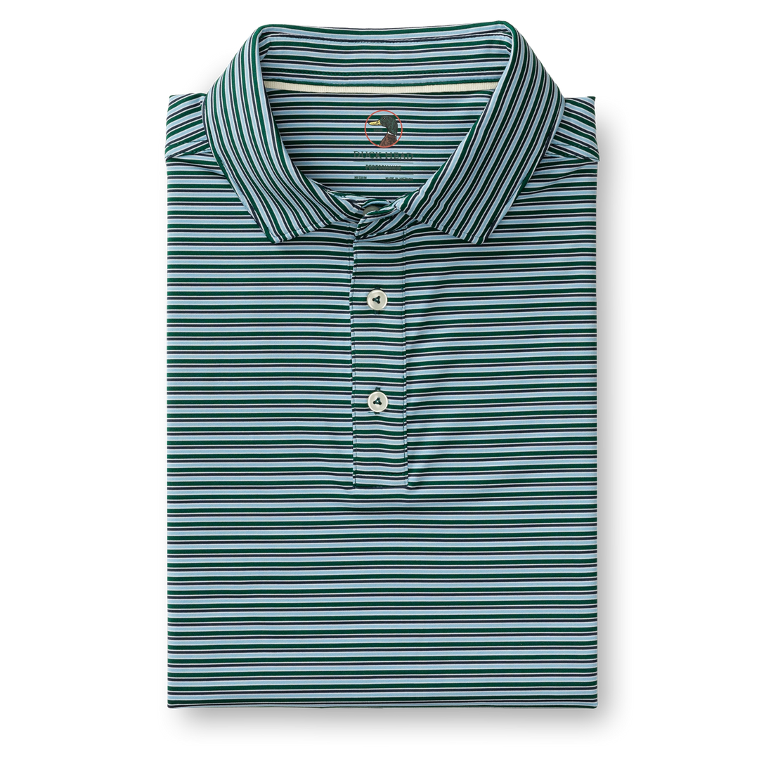 SS Long Drive Performance Polo- Barker Stripe- Forest Green