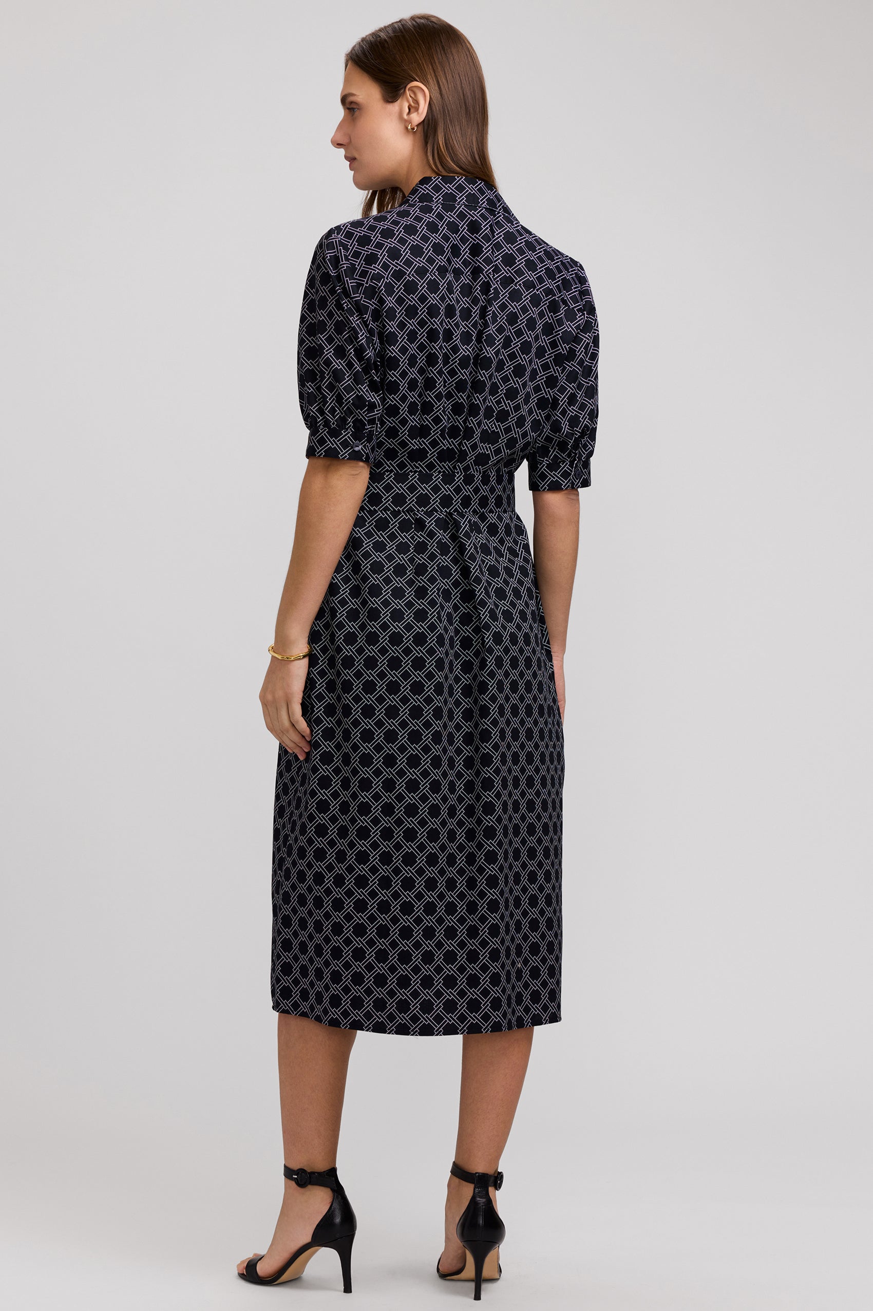 Esther Square Links Elbow Sleeve Dress - Blk/Wht