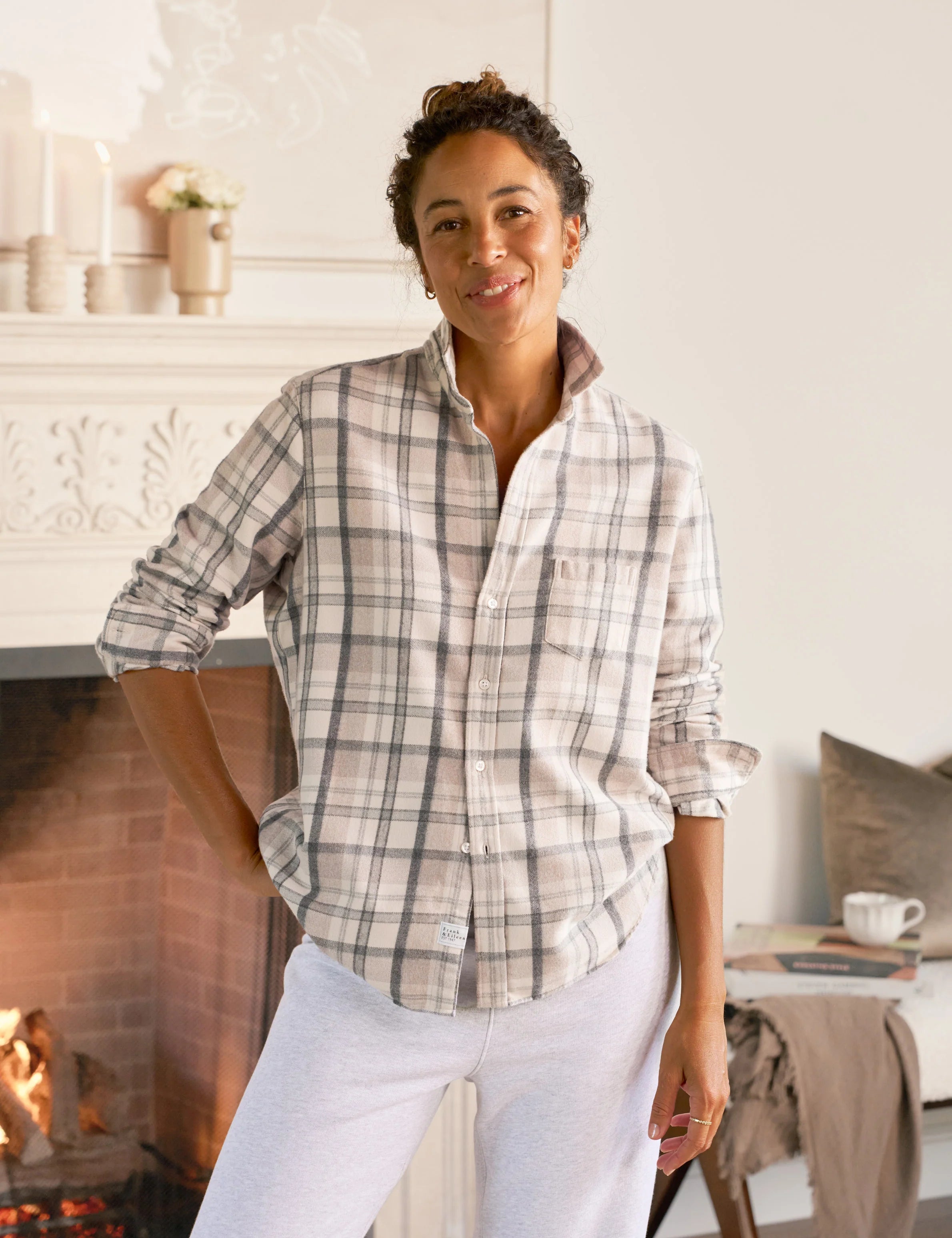 Eileen Relaxed Button-Up- Cream, Sand Grey Plaid