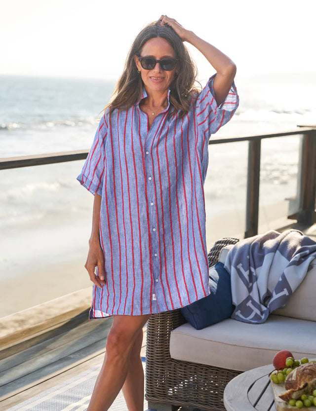 Rosemary Shirtdress - Blue, Red, Textured Stripe