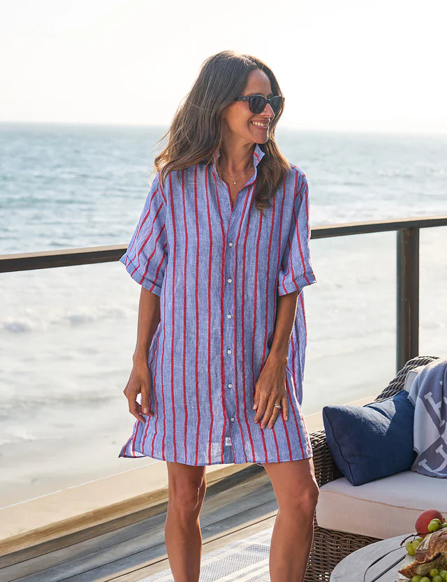 Rosemary Shirtdress - Blue, Red, Textured Stripe