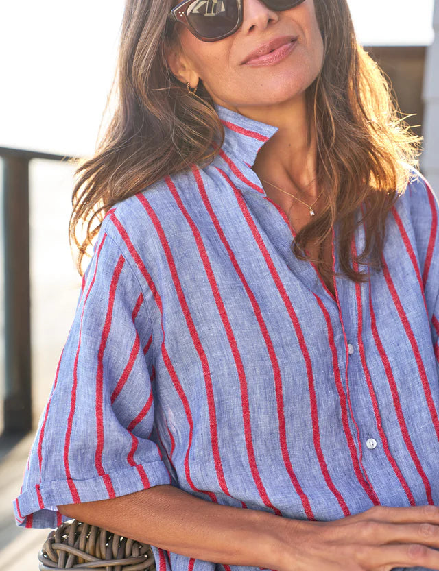 Rosemary Shirtdress - Blue, Red, Textured Stripe