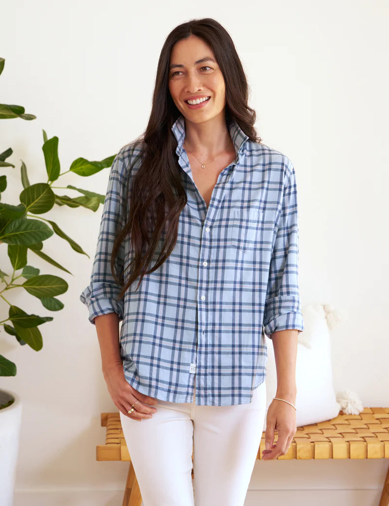 EILEEN Relaxed Button-Up Shirt In ITALIAN CASHMERE TOUCH Blue and Pink Plaid