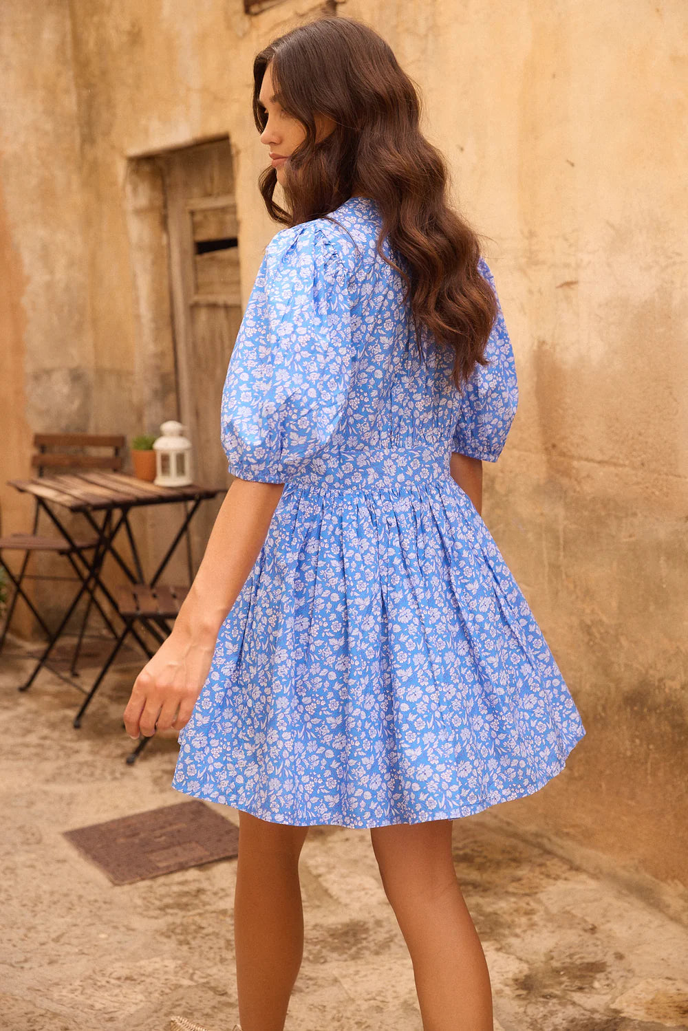 V-Neck Puff Mini - Ditsy Blue