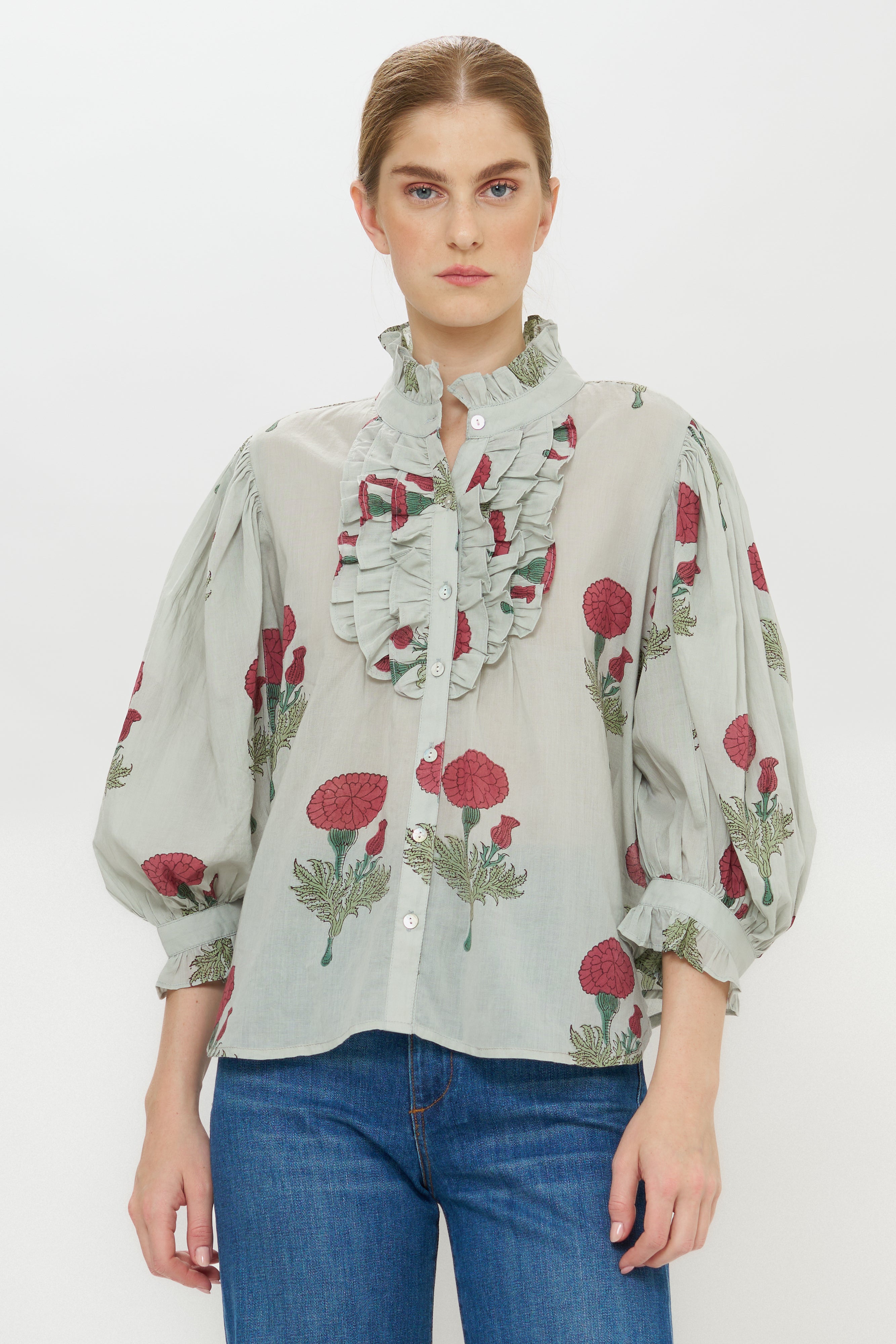 Ruffle Front Button Blouse - Rhubarb Bloom