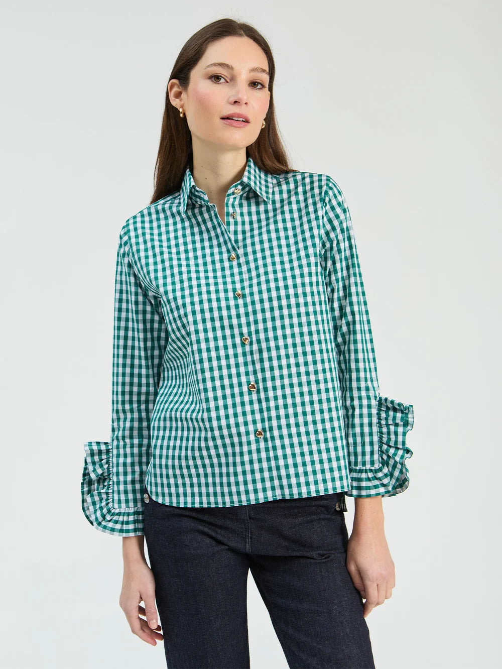 Green Gingham Shirt with Ruffles