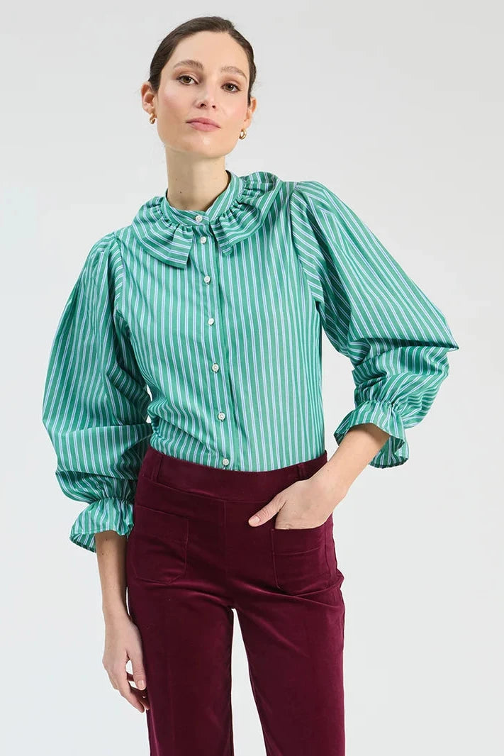 Green Striped Ruffle Shirt