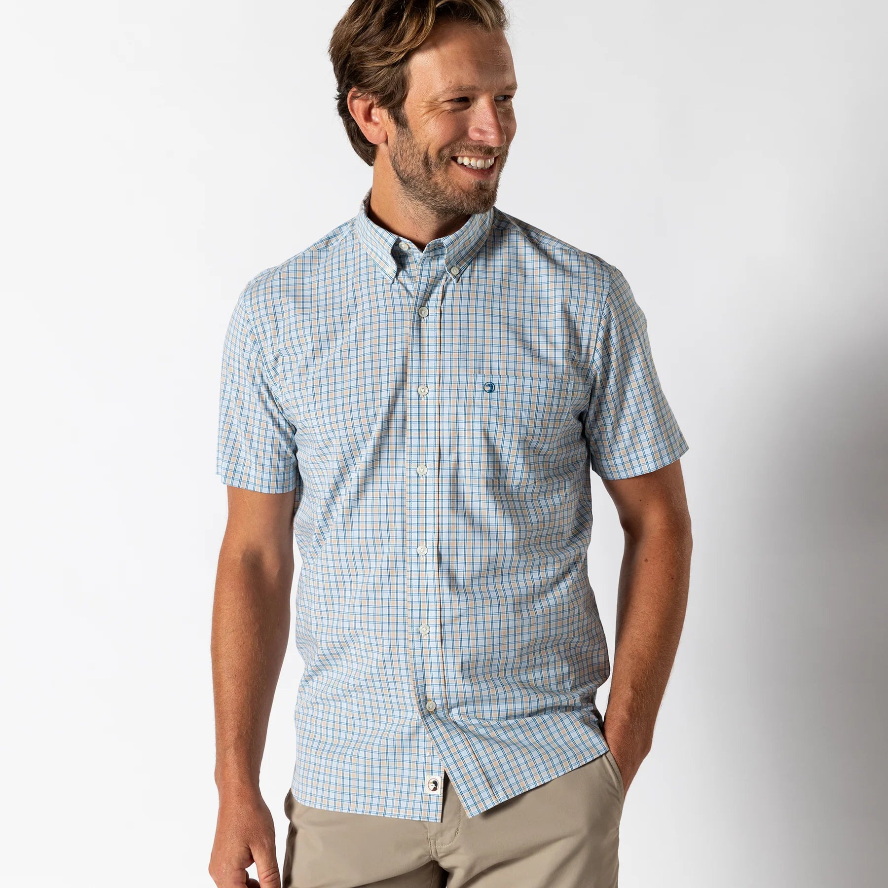Perf. Poplin S/S Shirt Driggs Plaid-OAK BLUFF