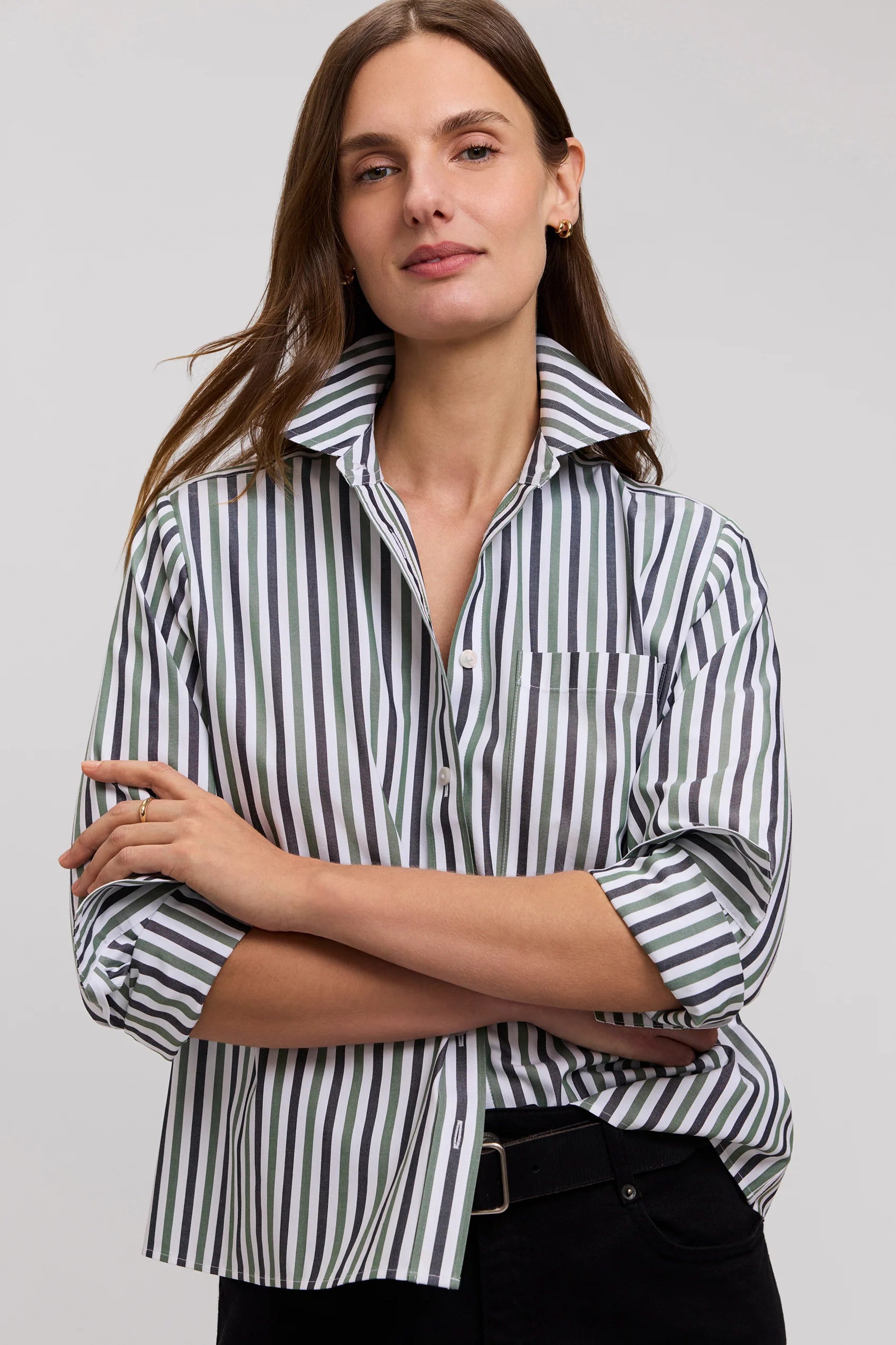 Jodie Pinpoint Stripe Long Sleeve Shirt - Olive Multi