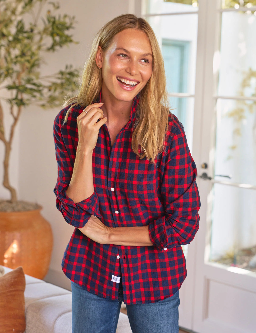 Eileen Relaxed Button-Up Shirt -Red/Navy Plaid