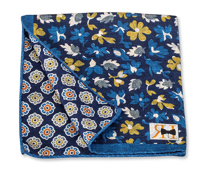 5632- Navy Floral/Medallions Pocket Square