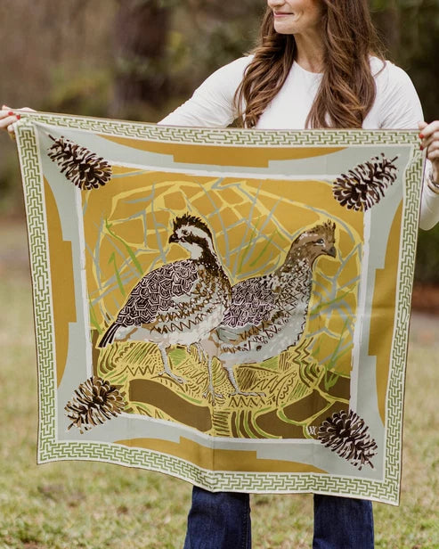 Gold Quail Pair Silk Scarf