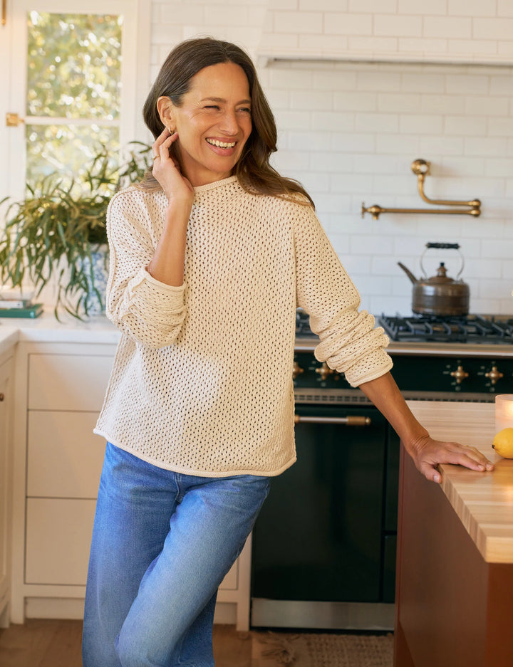 MONTEREY POINTELLE Rolled Funnel Neck Sweater-Sand