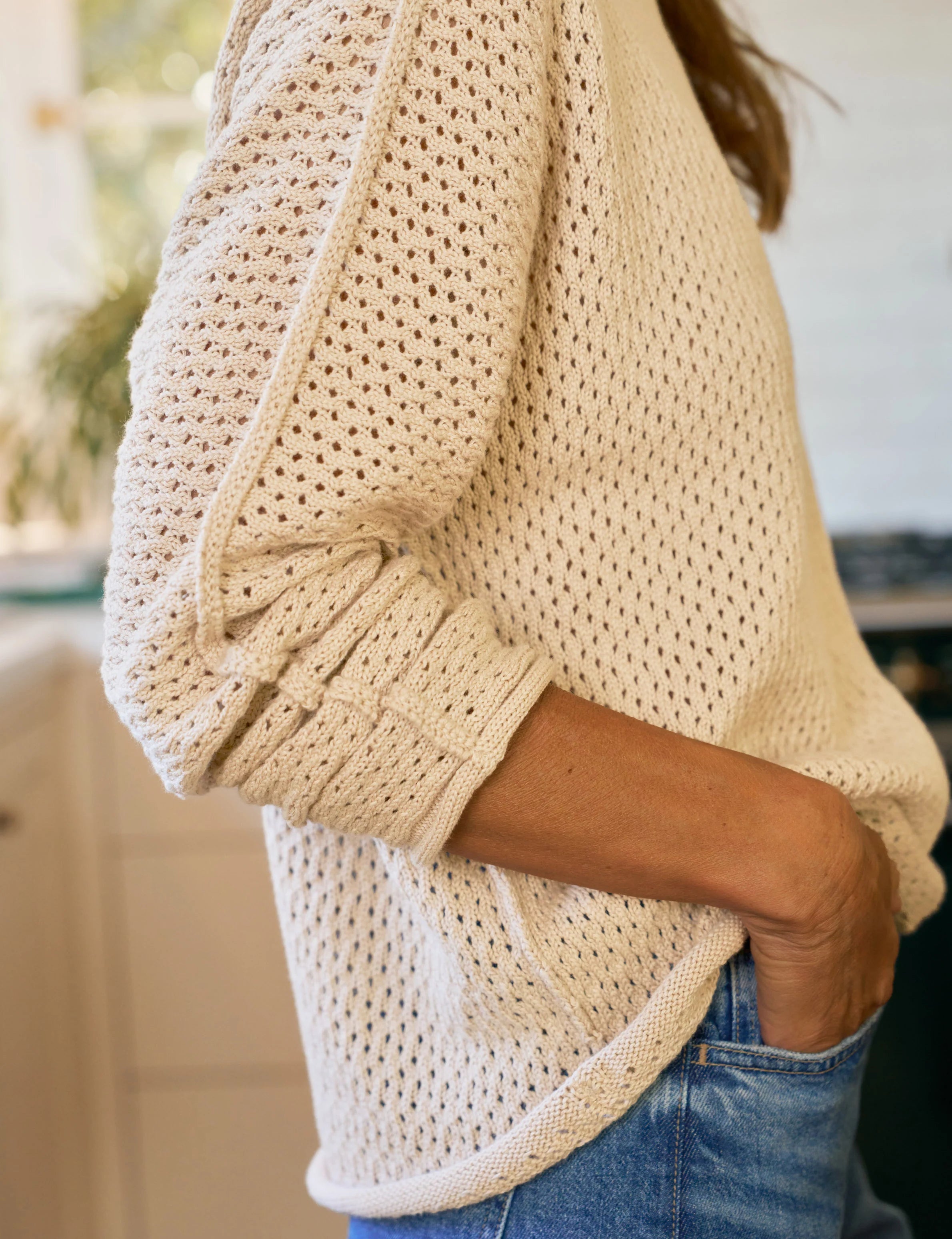 MONTEREY POINTELLE Rolled Funnel Neck Sweater-Sand