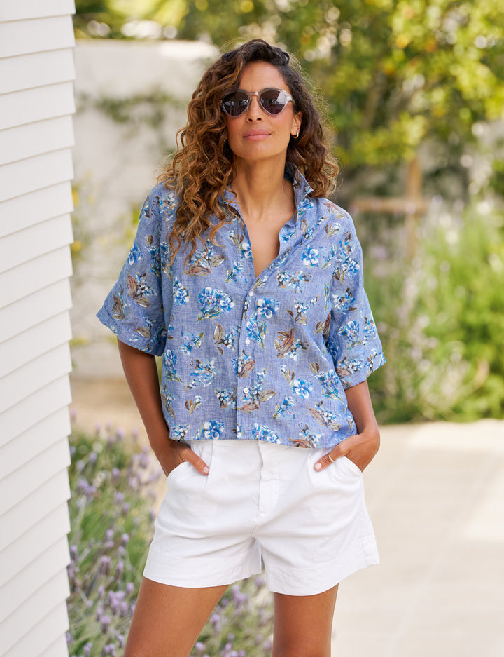 Rosie Short Sleeve Button Up - Blue Floral Bird