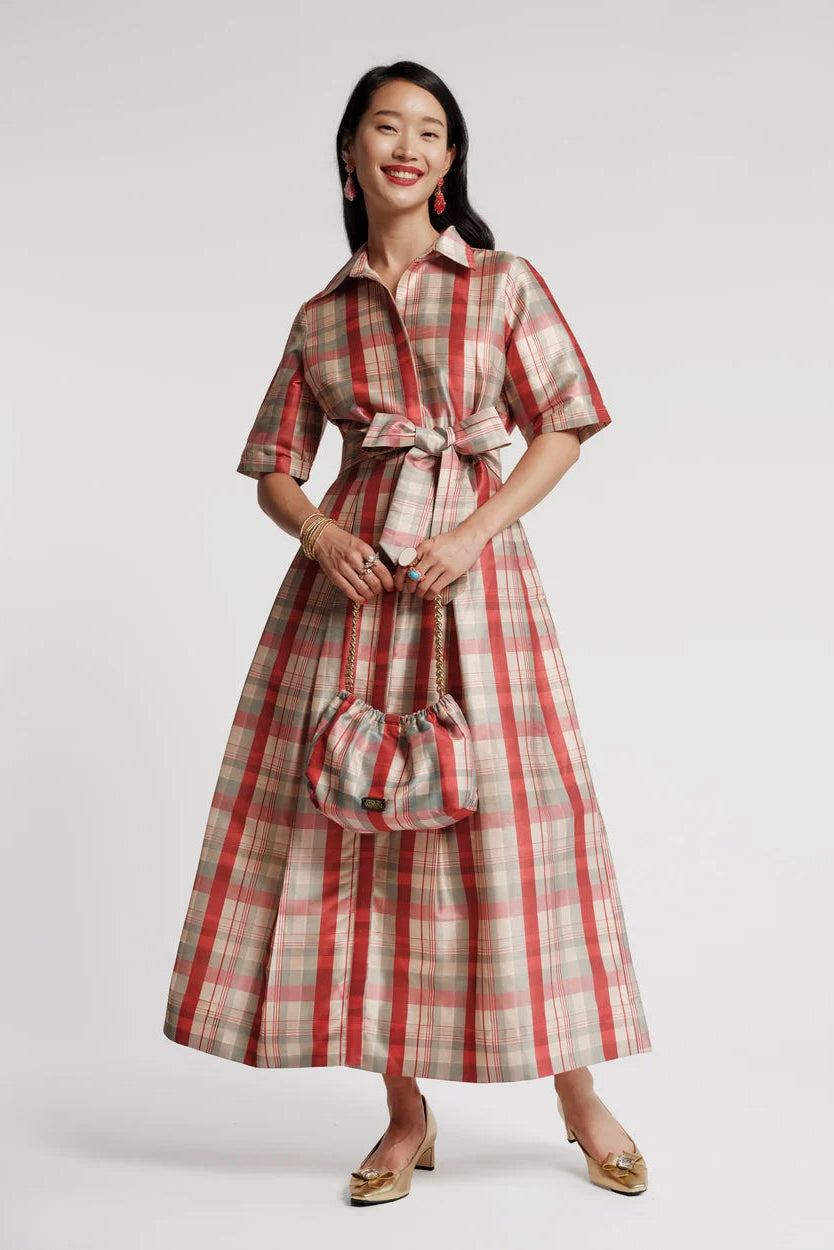 Bella Maxi Dress - Plaid Poly Dupion R/B/Multi