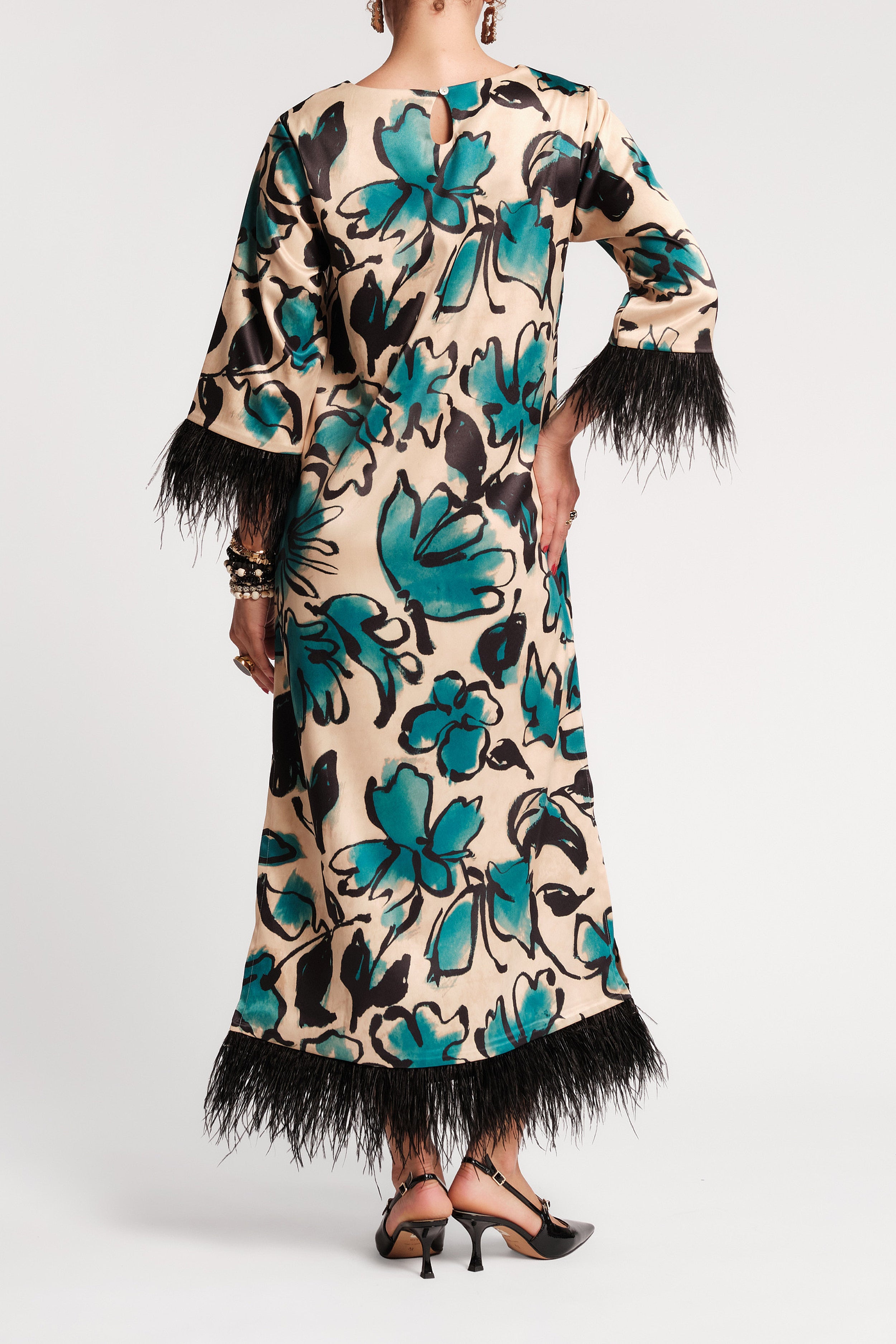 Belle Maxi Dress w/Feathers - Abstract Meadow Teal/Camel