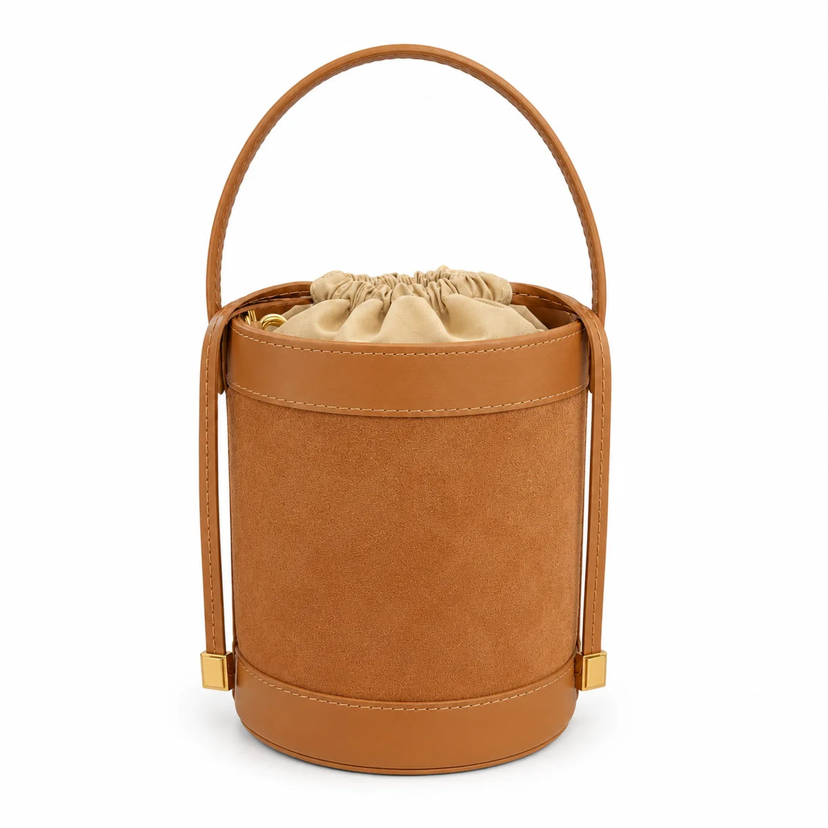 Mini Suede Leather Bucket Bag - Camel