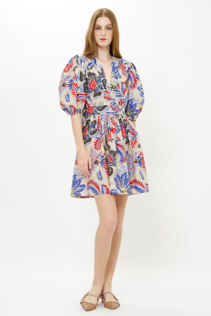 V-Neck Puff Mini Dress - Chennai Cobalt
